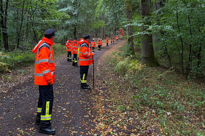 Bild zeigt Einsatzkräfte im Wald bei der Personensuche